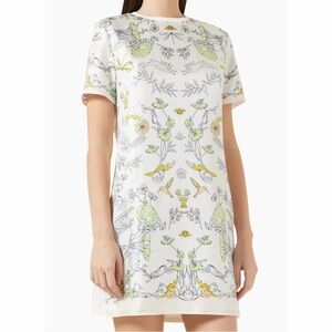 Tory Burch Rabbit T Shirt Tee Mini Dress Silk Front Beige Meadow Field Animal M